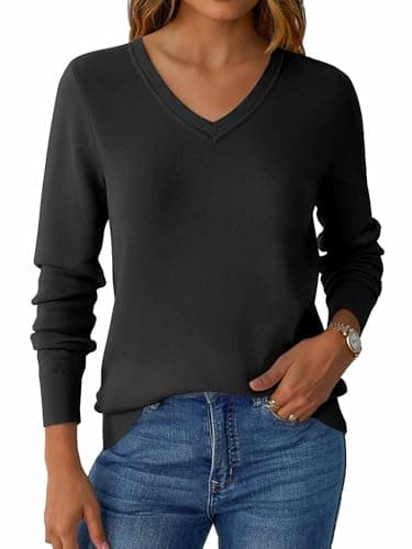 GKBK V Neck Lightweight Sweaters for Women Wool Blend Ribbed Knitted Classic Loose Fit Pullover Long Sleeve Tops Business Casual Fall Outfits 2025 Trendy Black - Thumbnail 2