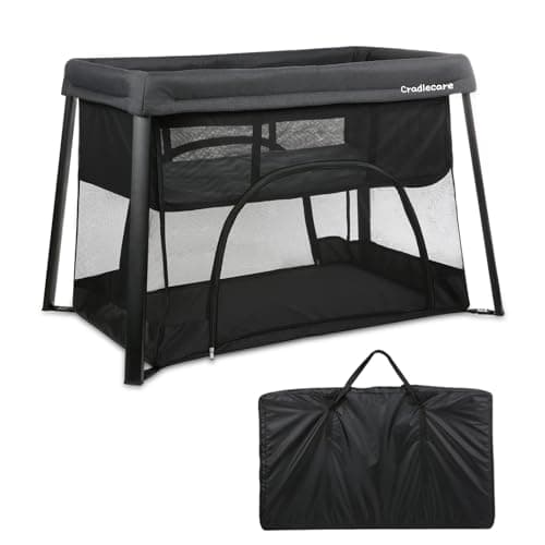 Cradlecare Travel Pack and Play with Bassinet & Mattress, Lightweight Portable Baby Bed, Foldable Playard for Travel & Home, Easy Setup Playpen for Babies & Toddlers with Storage Bag (Black)