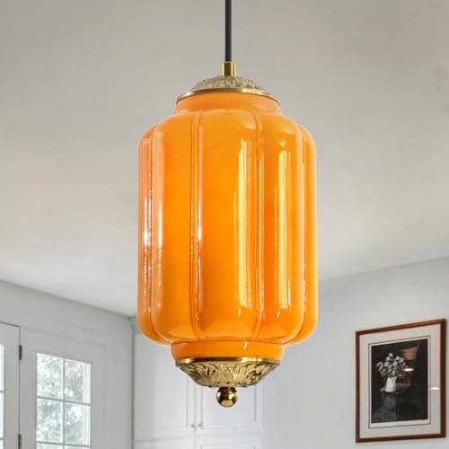 Dalouguan Vintage Yellow Glass Pendant Light, 5.5 Inch Cylindrical Lantern with Brass Accents, Kitchen Island Hanging Lamp for Bedroom Dining Room Hallway