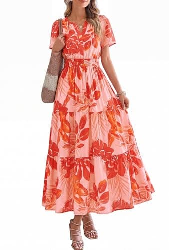 BTFBM Womens Summer Floral Maxi Dresses V Neck Short Sleeve Boho Casual Flowy Long Wedding Guest Dress Beach Vacation(Floral Light Orange Red, Large) - Image 1