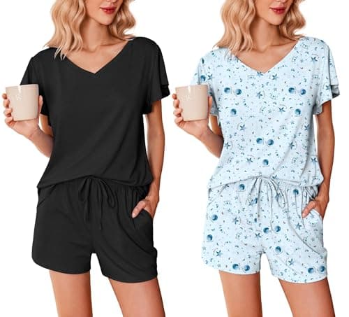 Ekouaer 2 Pack Women's Pajamas Set Soft Ruffle Sleeve Pjs Set Casual V Neck Lounge Set with Pockets,Black/Blue Stars,Large - Image 1