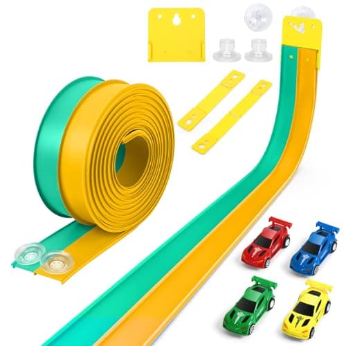 Flexible Race Car Track for Kids, Flex Track with 4 Small Race Cars,Rolls Up Portable Racetrack for Ages 3+, Compatible with H*t Wheels and DIEC*st 1/64th Cars (15FT-Green/Yellow)