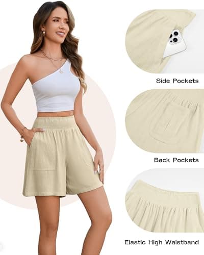 Bsubseach Shorts for Women Summer Casual Elastic High Waisted Shorts Wide Leg Cargo Shorts with Pockets Khaki S - Thumbnail 4
