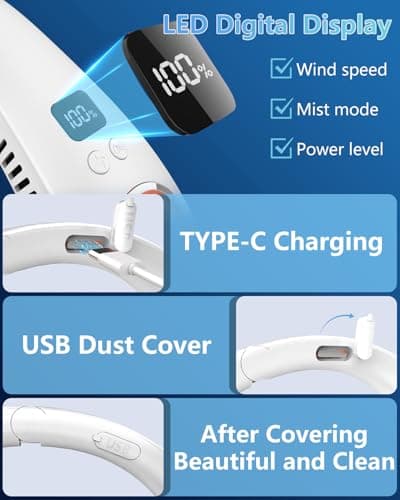 Neck Fans that Blow Cold Air,Misting Neck Fan Rechargeable Battery Powered,Foldable Leafless Hands Free USB Chargable Cooler,Slient Mini Head Unit Water Mister Sprays for Travel Camping Outdoor White - Thumbnail 5