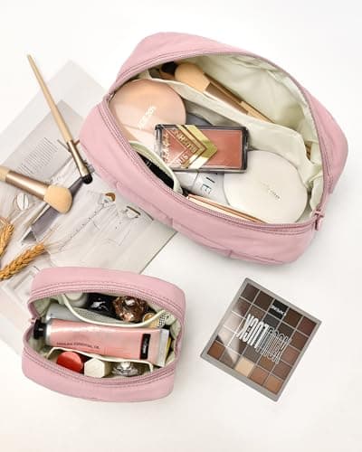 oscaurt 2 Pcs Makeup Bag Travel Toiletry Bag for Women Puffy Padded Cosmetic Pouch Purse Wide-open Makeup Organizer Case Travel Essentials - Thumbnail 2