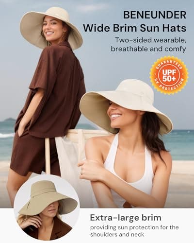 BENEUNDER Reversible Wide Brim Sun Bucket Hats UPF50+ UV Protection Foldable for Women Outdoor Beach Vacation Travel Gray - Thumbnail 2