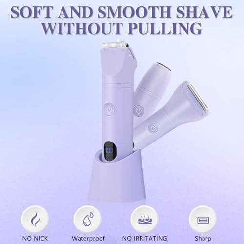 3-in-1 Bikini Trimmer for Women, IPX7 Waterproof Electric Shaver for Women-Rechargeable Electric Razors for Pubic, Facial & Body Hair Trimmer with LED Display, Travel Kit & Painless Blades (Purple) - Thumbnail 6