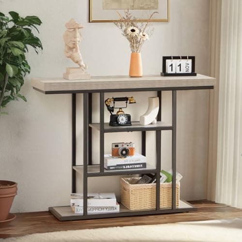 HABUTWAY 42" Industrial Console Table, Narrow 4-Tier Wood Entryway Table for Living Room, Accent Tables Living Room, Hallway Table, Sofa Table for Front Door, Hallway, Foyer, Rustic Grey - Image 1