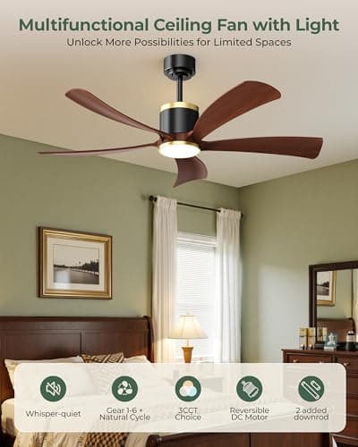 BLNAN 52" Premium Walnut Solid Wood Ceiling Fan with Light - Whisper-Quiet DC Motor, 6 Speeds, 3000K-6000K Dimmable LED, Remote Control with Timer, 2 Downrods for Indoor/Outdoor, A++ Energy Saving - Thumbnail 2