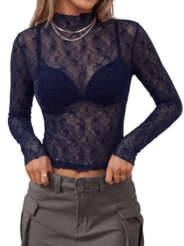 BTFBM Womens Tops Mesh Lace Long Sleeve Tops for Women 2026 Spring Fall Sexy Sheer See Through Tight Party Club Outfits(Navy Blue, Large) - Thumbnail 5
