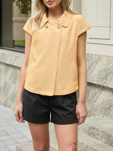 Tankaneo Womens Summer Babydoll Tops Cap Sleeve Peter Pan Collared Blouse Y2K Button Up Vintage Shirts with Pockets Yellow - Thumbnail 5