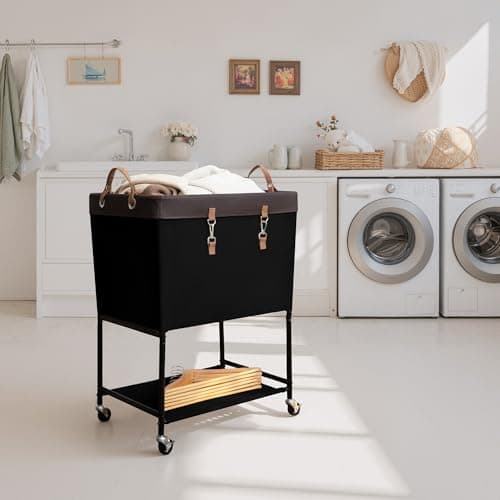 StorageWorks Laundry Cart, 2 Tier Rolling Laundry Basket, Heavy Duty Laundry Basket with Lockable Wheels, Laundry Room Organization and Storage, Clothes Hamper for Bedroom, Dorm, Closet, 29Gal, Black - Thumbnail 2