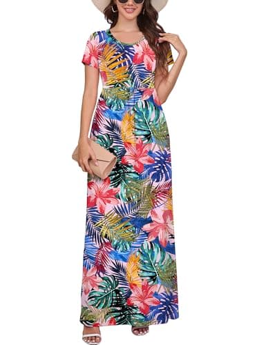 DEARCASE Women's Short Sleeve Maxi Dresses Floral Pink Tropical Medium Loose A-line Casual Party Vintage Spring Summer Flowy Beach Sundress Hawaiian Boho Vacation Casual Long Dress with Pockets - Image 1