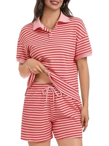 Casly Lamiit Lounge Set for Women Travel Outfits 2026 Summer Spring Color Block Tee Shirts Striped Shorts Beach Sets Two Piece Going Out Resort Wear Red Pink S - Thumbnail 2