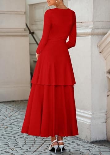 Lazysmile Women's Long Sleeve Fall Dresses Square Neck Ruched Waist Ruffle Hem Flowy Elegant Modest Boho Casual Maxi Dress Red - Thumbnail 2