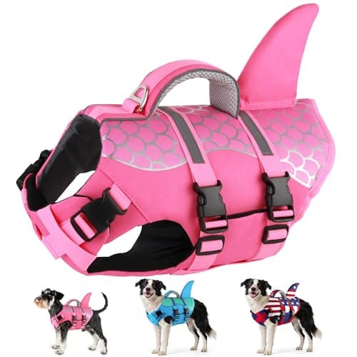 Dogcheer Dog Life Jacket Shark, Neoprene Harness Dog Life Vest with Lift Handle, Reflective Adjustable Pet Swim Float Vest for Small Medium Large Dogs - Pink Scales, L - Image 1