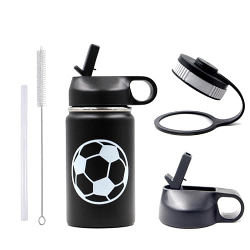 12 oz Soccer Water Bottle, Stainless Steel Vacuum Insulated Water Bottle with Straw and 2 Lids, Wide Mouth BPA Free Double Wall Leak Proof Flask for Sports, Travel, Gym, School