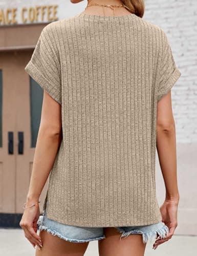 JUSTFASHIONNOW Summer Outfits for Women 2026 V Neck Short Sleeve Oversized Shirts Trendy Side Split Basic Tees Spring Dressy Casual Outfits Apricot XXL - Thumbnail 5