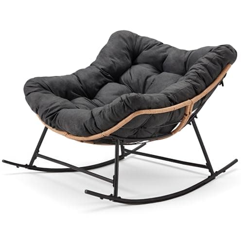 Halituny Outdoor Rocking Chair with Thick Cushion, Comfy Rattan Rocker Egg Chair Indoor with Straps, Patio Rocking Chair 450lbs for Garden, Balcony, Lawn, Backyard, Living Room, Bedroom - Image 1