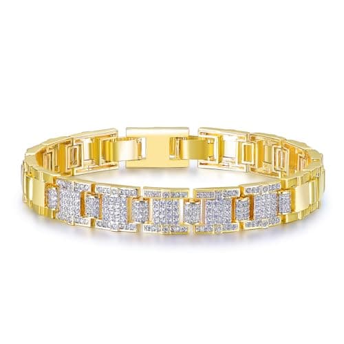 TRENDOLLA Mens Stainless Steel Bracelet, 7.5/8 inches Dainty Hiphop Cuban Link Chain Bracelet White Gold and 14K Gold Plating (Style04-14k Gold) - Image 1