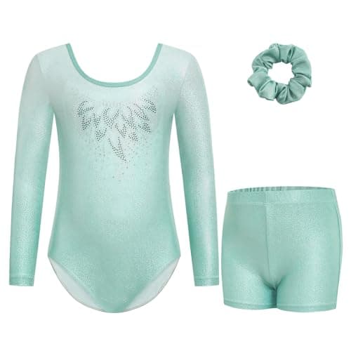 Gogokids Gymnastics Leotards for Girls Long Sleeve Sparkly Rhinestone Dance Unitards Biketards with Shorts, Green, 9-10 years, 140 - Image 1