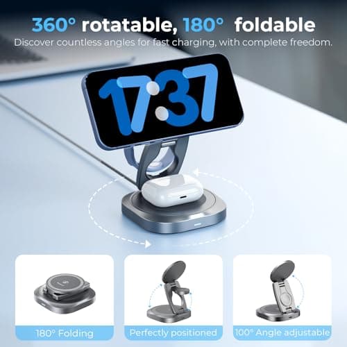 havit 3 in 1 Foldable Wireless Charging Station, Travel Magnetic Charger Stand for MagSafe-Compatible iPhone 17/16/15/14/13/12, Apple Watch and AirPods, 360° Rotating Portable Charger - Thumbnail 4