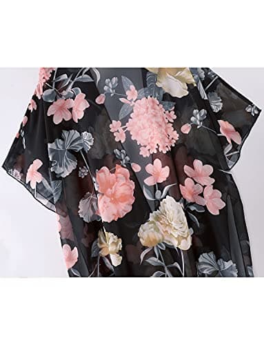 Women's Tropical Floral Boho Beach Long Swimsuit Kimono Cover Ups Summer Chiffon Cardigans Dusters Hawaiian Maternity Tops Sheer Thin Black Small - Thumbnail 5