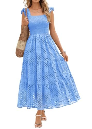 Lazysmile Womens Summer Maxi Dress Square Neck Ruffle Cap Sleeve Hollow Out Eyelet Smocked Tiered A Line Boho Sundress Light Blue - Image 1