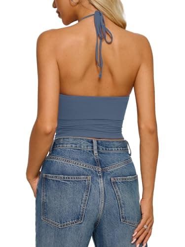 REORIA Women's Basic Cross Over Wrap V Neck Backless Double Lined Going Out Halter Tank Tops Y2k Cute Summer Trendy Sleeveless Shirts Dusty Blue - Thumbnail 2