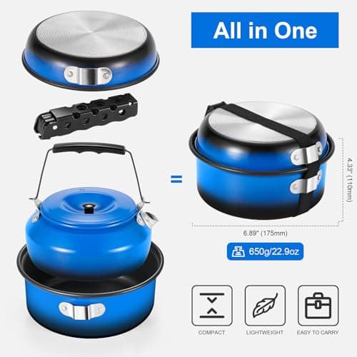Odoland 5pcs Camping Cookware Non-Stick Camping Pot and Pan Set with Kettle and Removable Handle for Hiking Backpacking and Picnic(Blue) - Thumbnail 5