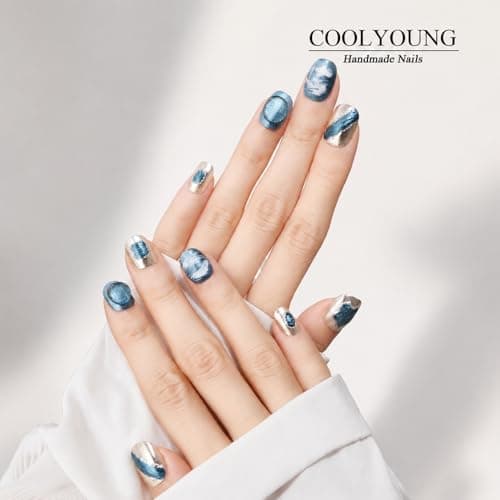 Handmade Nails Blue 3D Press On Nails Acrylic Press Ons Short Handmade Natural Nails Durable Press On Nails Ladies Gifts COOLYOUNG False Nails, 10 PCS, Size L - Thumbnail 3