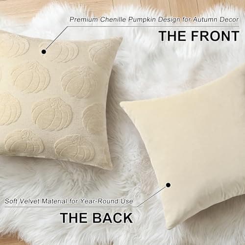 decorUhome Decorative Beige Pumpkin Thanksgiving Throw Pillow Covers 18x18 Set of 2, Soft Chenille Jacquard Farmhouse Textured Pillow Covers for Couch Bed Sofa Autumn Harvest Halloween Holiday - Thumbnail 2