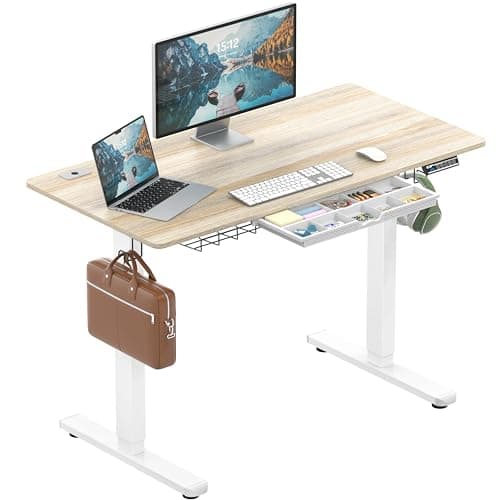 SHW 48-Inch Electric Height Adjustable Standing Desk with Drawer, Memory Preset and Cable Management Tray, Maple - Image 1