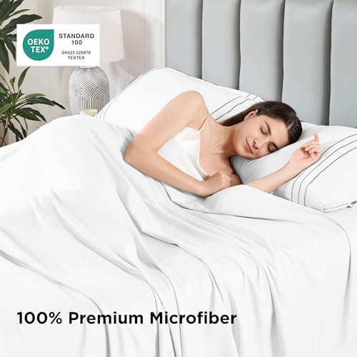 Baskbed Full Size 4 Piece Sheet Set with Embroidered Pillowcases, Ultra-Soft Microfiber Comfy Breathable & Cooling Bed Sheets, Deep Pocket Fitted Sheets and Hotel Luxury Cozy Flat Sheets, White - Thumbnail 4