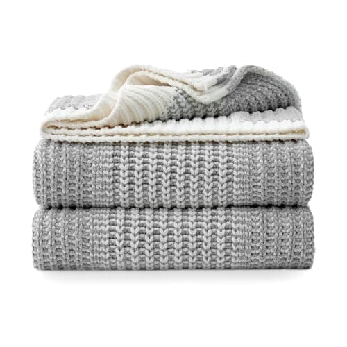 Amélie Home Premium Chenille Throw Blanket, Soft Cozy Luxury Two-Tone Knit Blanket for Couch, Sofa, Chair, Home Decor, Grey & Ivory 50"x60" - Thumbnail 2