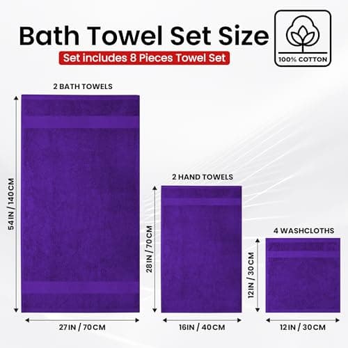 Infinitee Xclusives Luxury 100% Cotton Towel Set – 8 Piece Bathroom Towel Set (2 Bath Towels, 2 Hand Towels, 4 Washcloths) – Soft & Absorbent Towels for Bathroom (Profound Purple) - Thumbnail 3