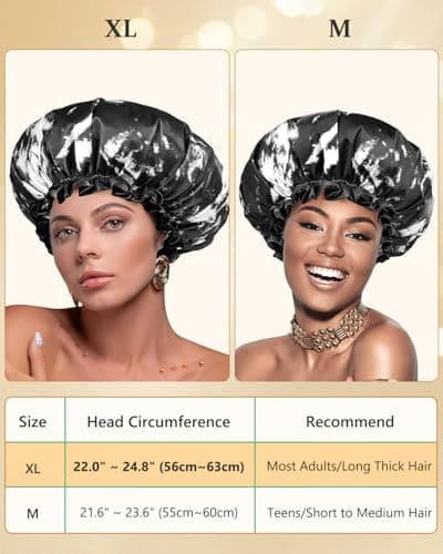 mikimini Large Shower Cap for Women Men Reusable Waterproof, Double Layer Adjustable Hair Cap with Elastic Band for Long Hair & Braids - Classic Black and White Design - Thumbnail 2