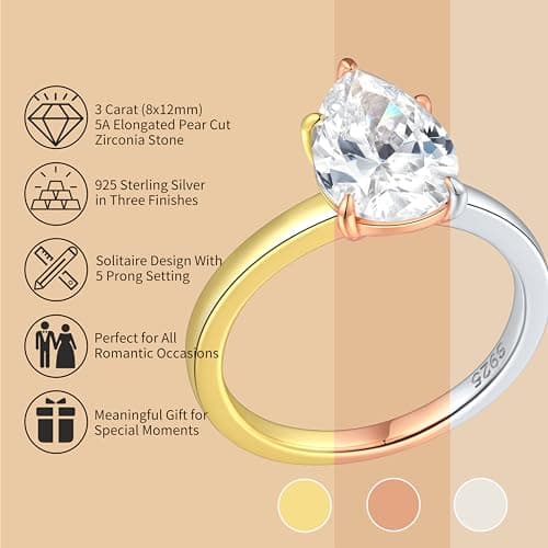 JALOKIVI 3CT 925 Sterling Silver Engagement Rings for Women Pear Cut Solitaire Cubic Zirconia Wedding Rings for Women Promise Rings for Her Silver Size 10.5 - Thumbnail 2