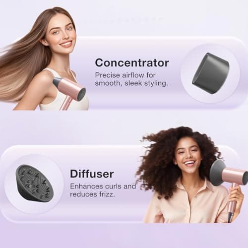 BABONIR Ionic Diffuser Hair Dryer for Curly Hair, 1875W Fast Drying Blow Dryer with Diffuser and Concentrator Nozzle, Compact & Portable Negative Ion Hairdryer Blowdryer, 3 Heat 2 Speed Settings, Pink - Thumbnail 6