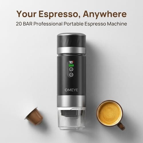 OMEYE Portable Espresso Maker for Camping Travel Office – 20 Bar Self-Heating Cordless Coffee Machine, LED Display, Dual 7500mAh Battery, USB-C, Compatible with Small/Large Capsules & Ground Coffee - Thumbnail 3
