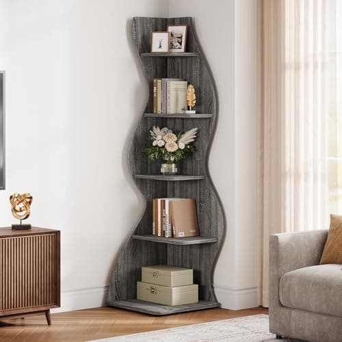 Tribesigns Wavy Corner Shelf, Modern 5-Tier Bookshelf Bookcase with Curvy Shape, Unique Plant Stand Display Rack for Living Room Small Space (Gray) - Thumbnail 6