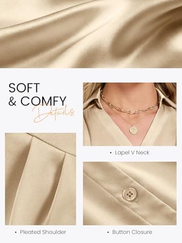 Funlingo Satin Shirts for Women Silk Sleeveless Button Down Blouse 2026 Fashion Collared V Neck Tops Loose Fit Elegant Summer Clothes Beige L - Thumbnail 6
