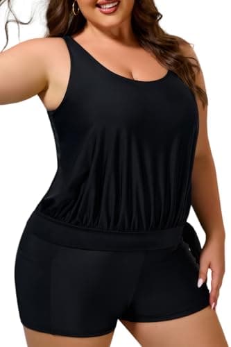 COCOPEAR Plus Size Tankinis Two-Piece Tankini Swimsuit for Women Boy Shorts Swimsuits Tummy Control Blouson Conservative Black - Thumbnail 2