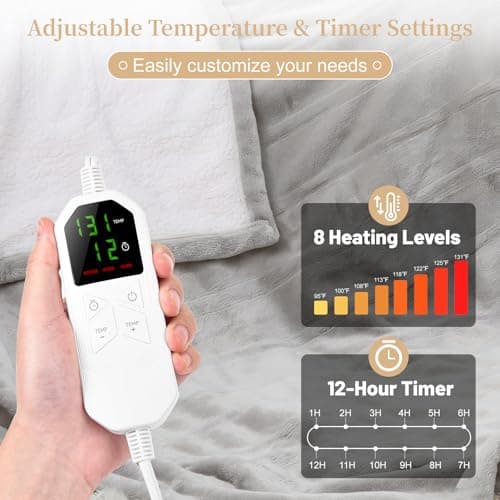 Electric Heated Blanket Full Size 72" x 84", Soft Plush Flannel & Sherpa Electric Blanket with 8 Heat Settings, 1-12H Auto-Off, Fast & Even Heating, Machine Washable, for Home & Office, Light Gray - Thumbnail 3