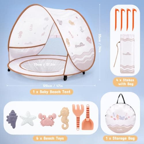 Baby Beach Tent with Pool – Dreamon Pop Up Shelter UV Protection for Infant, Foldable Kids Play Tent with Beach Toys Set and Carry Bag, Summer Outdoor Use Portable Baby Beach Essentials - Thumbnail 3