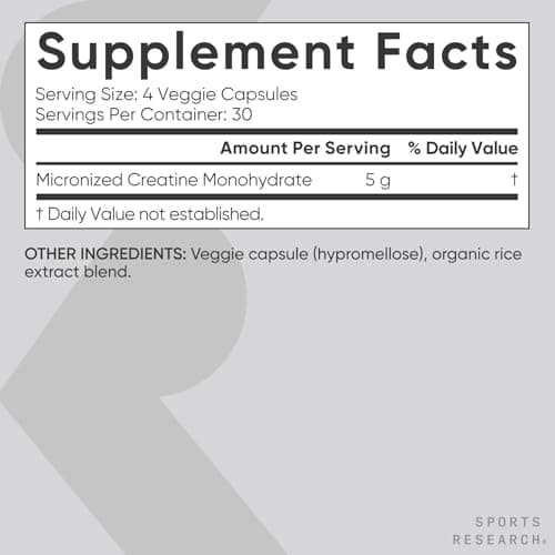 Sports Research® Creatine Monohydrate Capsules - Supports Workout Recovery, Lean Muscle gain, Performance and Strength* - Non-GMO, Vegan Certified - 5g per Servings - 30 Servings - Thumbnail 5
