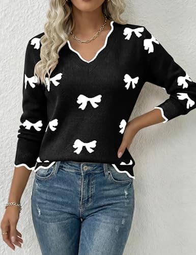LaGracia Womens Fall V Neck Sweater 2026 Lightweight Casual Long Sleeve Ribbed Knit Pullover Sweaters Dressy Fall Outfits Black-Bow M - Thumbnail 2