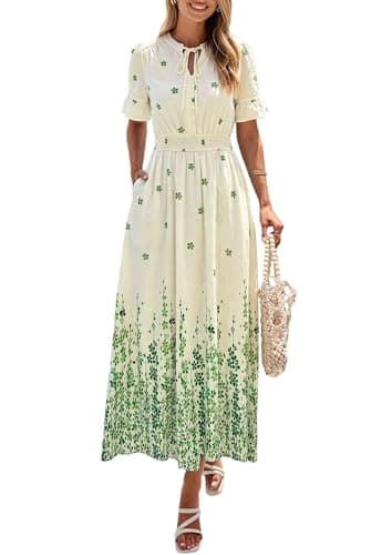 PRETTYGARDEN Women's Boho Floral Maxi Dress Summer 2026 Short Sleeve Tie V Neck Spring Wedding Guest Flowy Beach Sun Dresses (Apricot Green Floral,Small) - Image 1