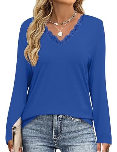 JUSTFASHIONNOW Winter Tops for Women V Neck Long Sleeve Shirts Trendy Lace Shirt Loose Fit Basic Tee Dressy Casual Work Office Outfits 2025 (Blue,Large) - Thumbnail 5