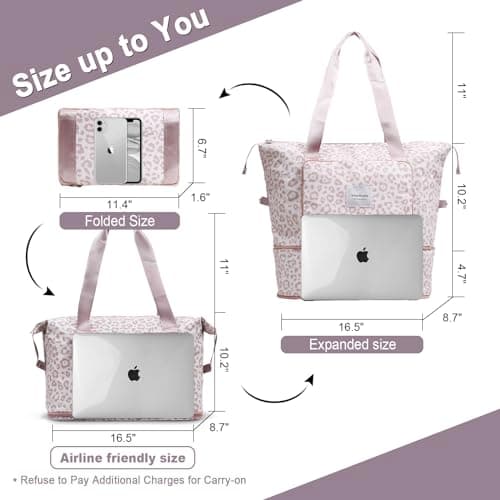 WOOMADA Foldable Travel Duffel Bag, Weekender Bags for Women, Tote Bag with Expandable Space, Carry on bags for airplanes with Wet Pocket & Trolley Sleeve, Gym Bag for Women (pink leopard) - Thumbnail 2